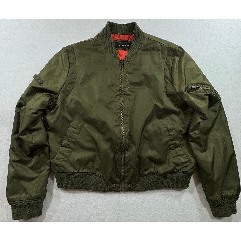 Black Rivet XL Olive Green MA-1 Bomber Flight Jacket Orange Lined Runs Small